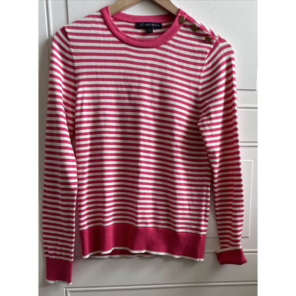 Brooks Brothers Rose Pink White Striped Sweater Women Size S Classic Gold Button - Picture 1 of 14
